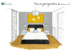Décoratrice d'intérieur à Lyon - Vue en perspective - Chambre parentale grise jaune