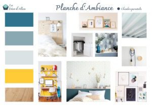 Décoratrice d'intérieur à Lyon - Planche d'ambiance - Chambre parentale bleue et jaune