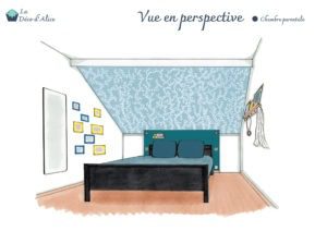 Décoratrice d'intérieur à Lyon - Vue en perspective - Chambre parentale bleue et jaune