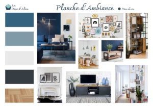 Décoratrice d'intérieur à Lyon - Planche d'ambiance - Salon industriel chic bleu gris