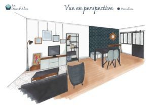 Décoratrice d'intérieur à Lyon - Vue en perspective - Salon industriel chic bleu gris