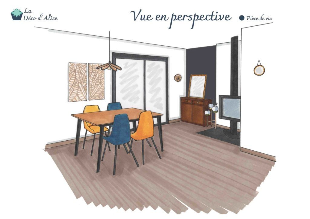 Décoratrice d'intérieur à Lyon - Vue en perspective- Salon rétro bleu et doré