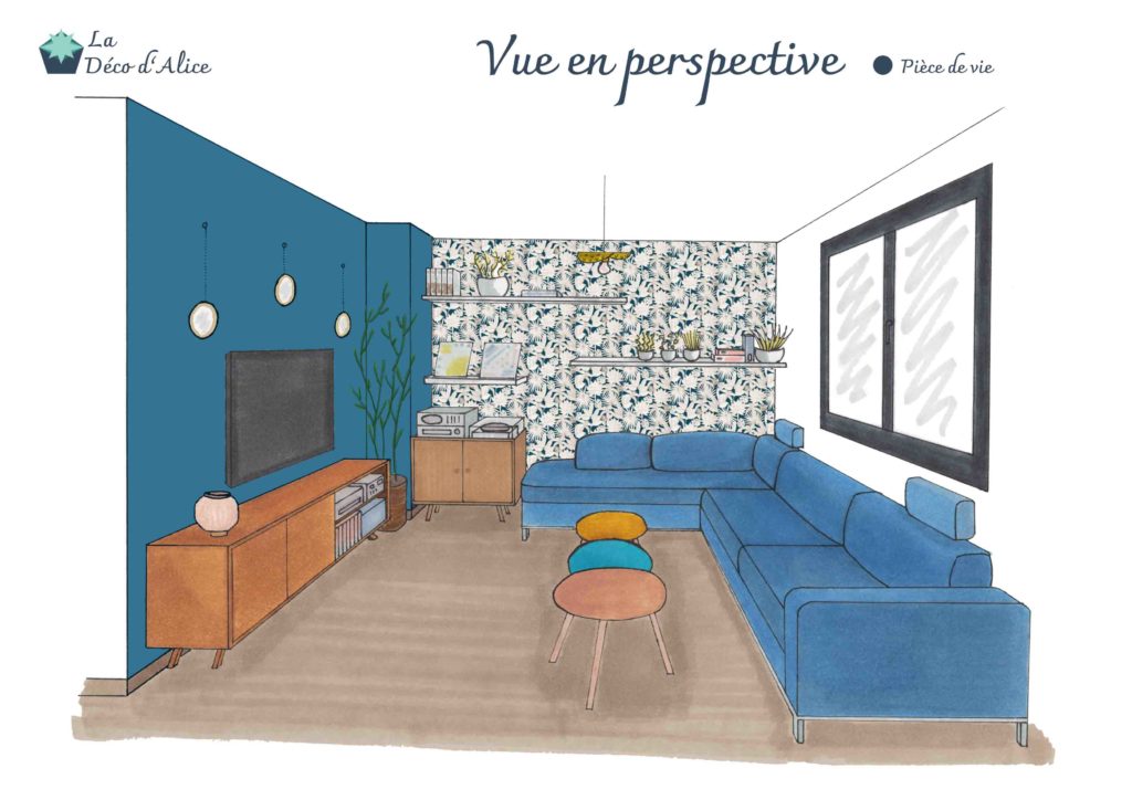 Décoratrice d'intérieur à Lyon - Vue en perspective- Salon rétro bleu et doré