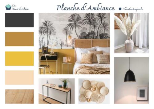 Planche d'ambiance - Chambre tropicale moutarde