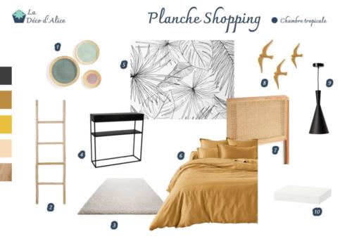 Planche shopping - Chambre tropicale moutarde